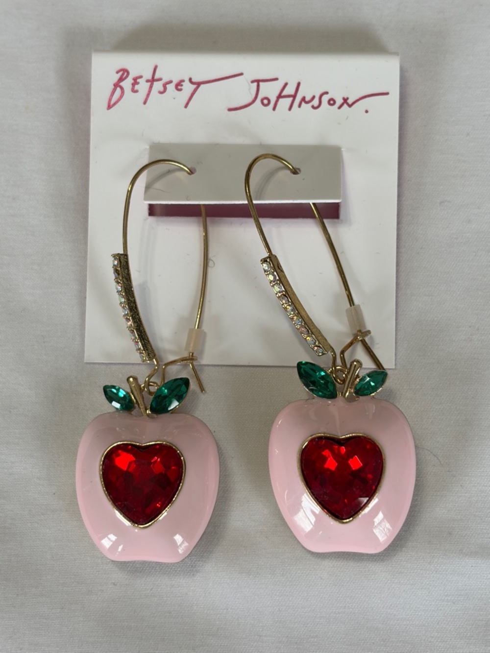 Betsey Johnson Pink Apple Drop Earrings with Red Heart Crystal Centers NWT